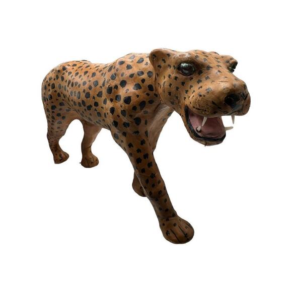 Mid-century 1970s Vintage African Leather Wrapped Hand Painted Leopard Statue - Picture 3 of 7